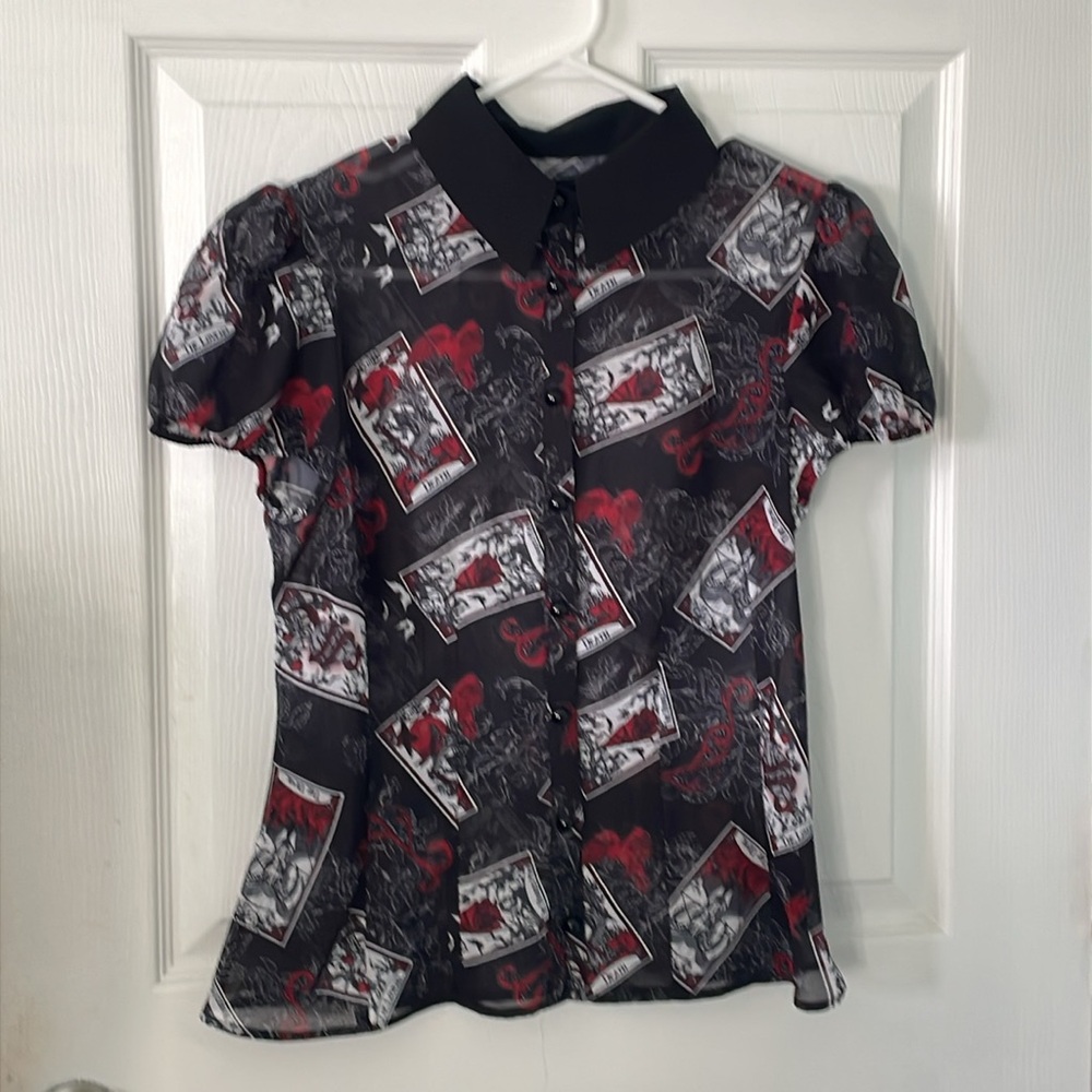 Hell Bunny Gothic Black and Red Tarot Print Blouse with Contrast Collar